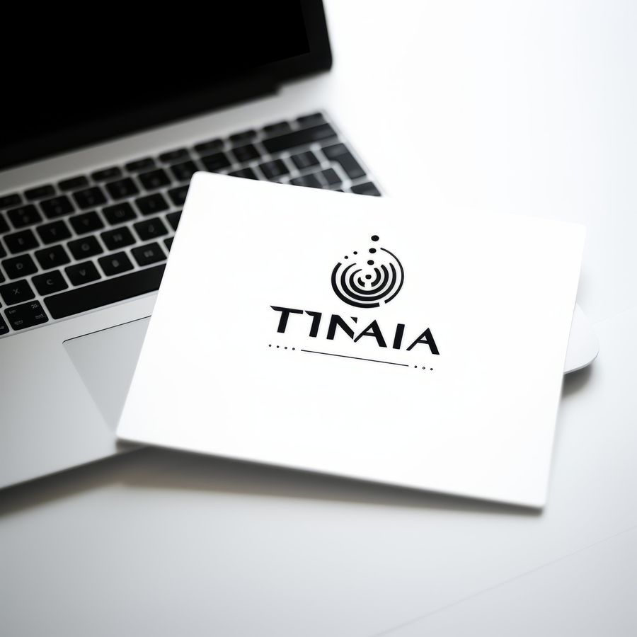 Logo design on a card beside a laptop